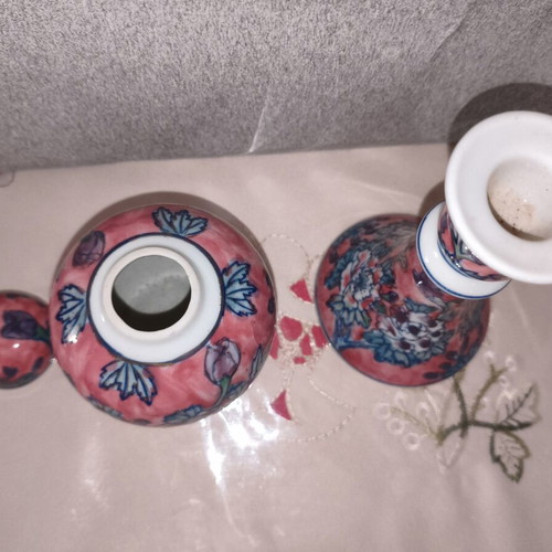Vintage Chinese Famille Rose porcelain set with ginger jar and candlestick, like new