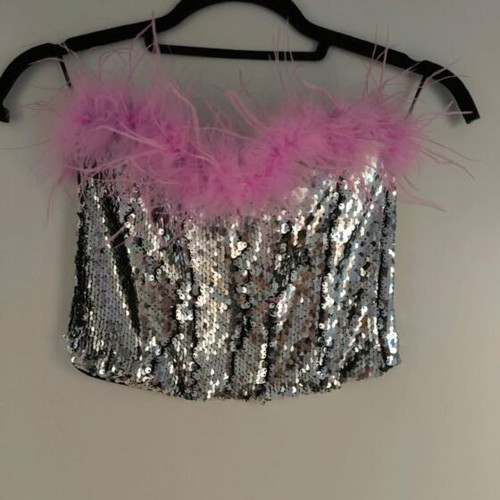Women's bodysuit new, size S 36 8, sequin with pink feathers