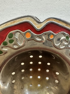 Soviet Vintage Melchior Tea Strainer with Cloisonné Enamel (12x7 cm)