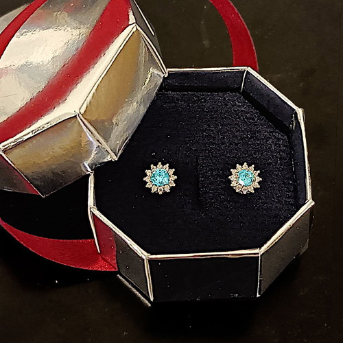 Ocean Dahlia silver stud earrings with aquamarine and zircon