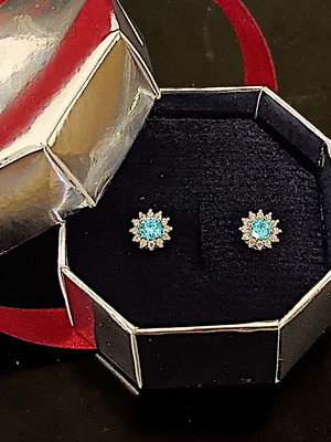 Ocean Dahlia silver stud earrings with aquamarine and zircon