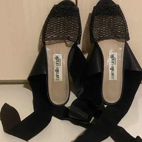 Camille Unglik sandals used, black leather with ribbons