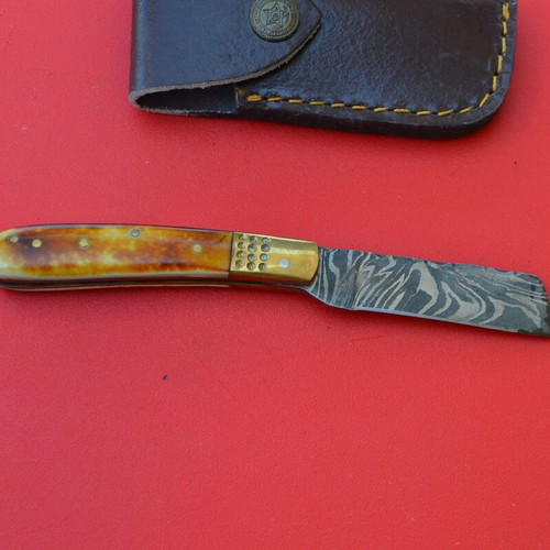 Damascus Custom Made Folding Tando Knife With Stain Bone Handle