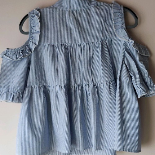 Blue Vanilla blouse shirt with open shoulders and ruffles, new, size S