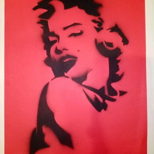 Marilyn Monroe stencil art like new, black spray on red paper 24x34cm
