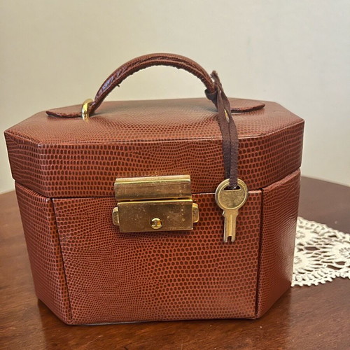 Vintage jewelry box used with mirror and key brown