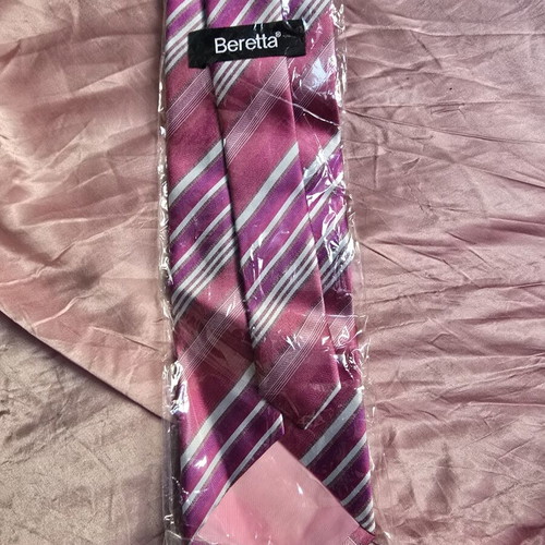 Beretta silk tie new, pink and purple striped
