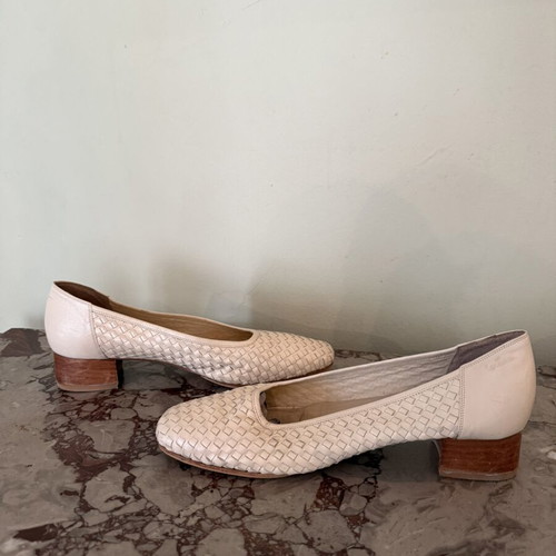 Women's leather woven ballerinas with low block heel, Dialektos, size 40.5