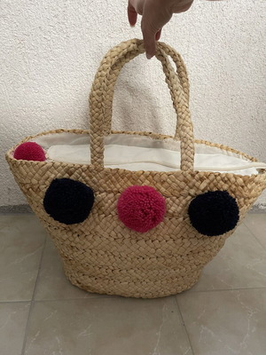 Straw beach bag with tassels like new, beige and blue shoulder style