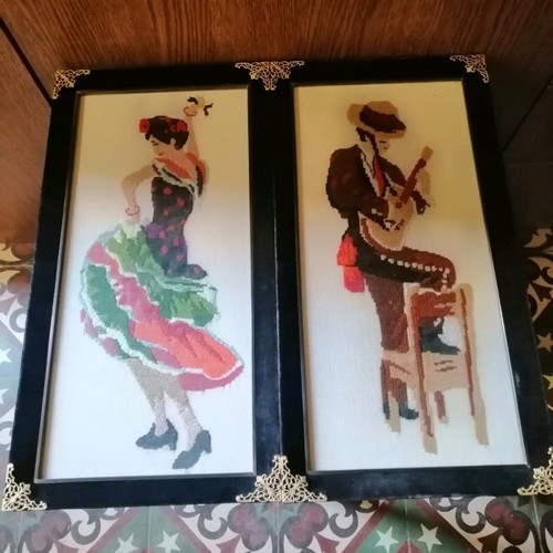 Vintage embroidered paintings of Spanish flamenco dancers like new