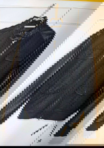 Αυθεντικό Armani Jeans ανδρικό μπουφάν με δερμάτινα στοιχεία μαύρο, μέγεθος M.