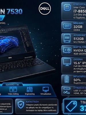 Dell Precision 7530 laptop used, i7-8850H, 32GB RAM, 512GB SSD, Quadro P2000, Windows 11 Pro
