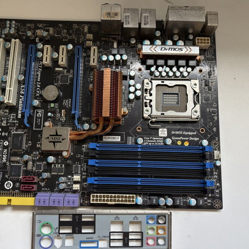 MSI X58 Platinum motherboard used, LGA 1366 DDR3 with I/O shield