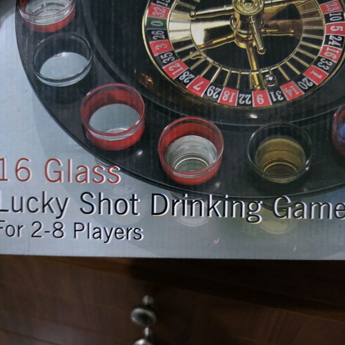 Roulette Lucky Shot Drinking Game with 16 Shot Glasses used, 2-8 players