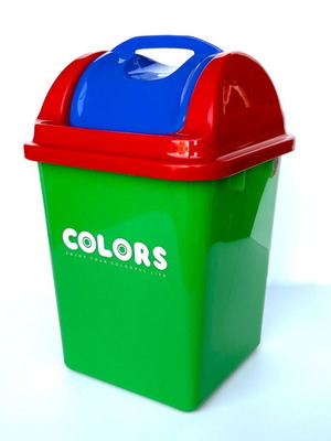Colors bin used with swivel lid for kids room