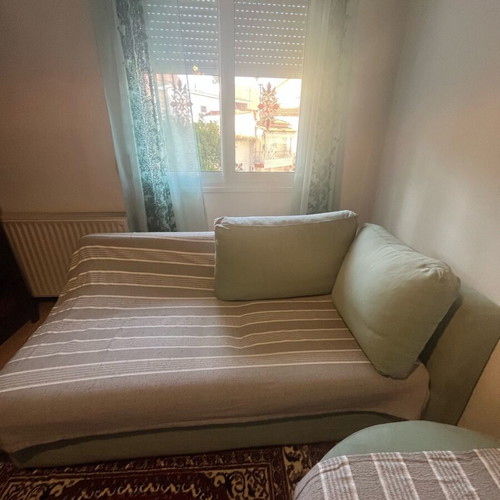 Two-piece sofa used, velvet fabric, sturdy construction