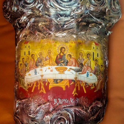 Handmade Last Supper icon on hollow hanging ceramic
