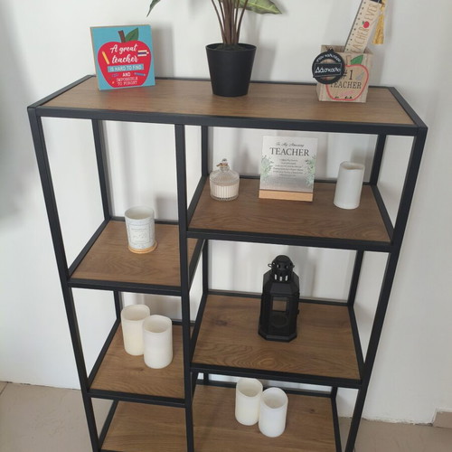 JYSK tall shelf unit, black metal and oak finish