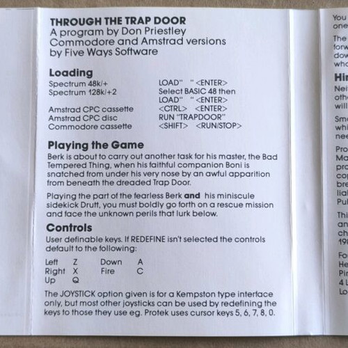 Through The Trap Door (Piranha) Amstrad cassette like new