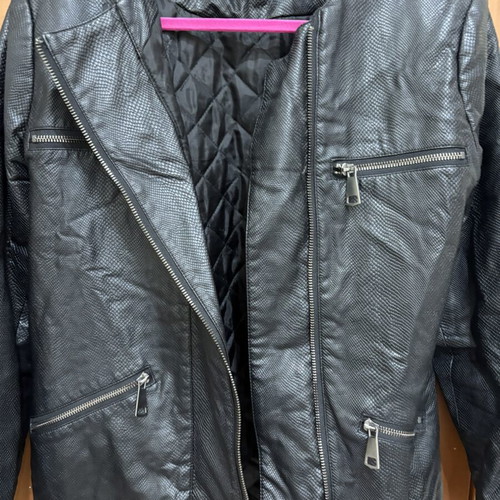 Faux leather women's jacket used, size S, black, quilted lining