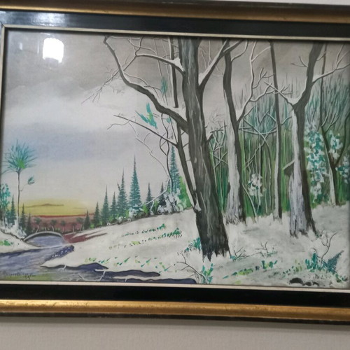 Framed painting with snowy landscape and gilded frame, like new