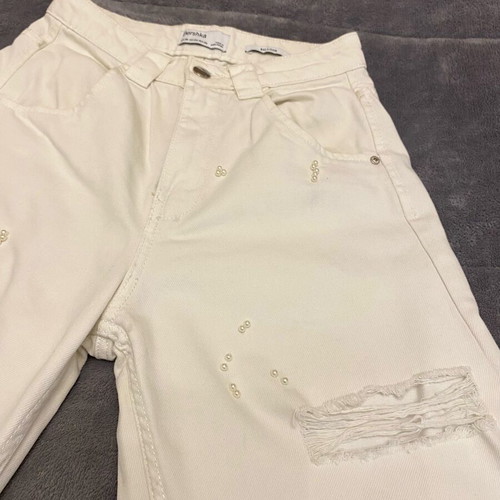 Bershka denim pants with hand-sewn beads, like new, white