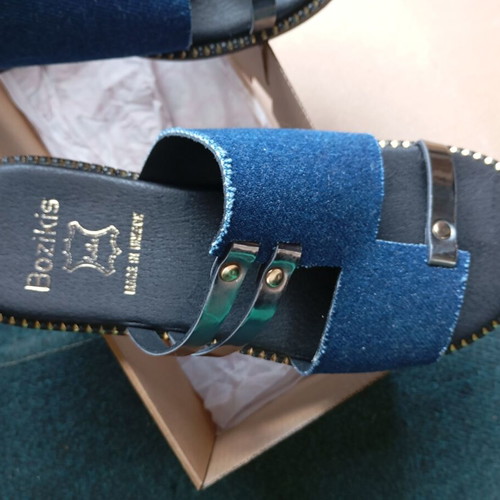 Bozikis women's summer flat sandals, size 38, denim and black