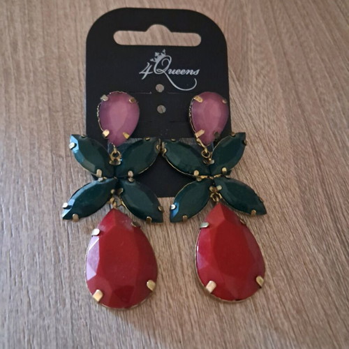 Flower-shaped earrings with stones like new, red and green