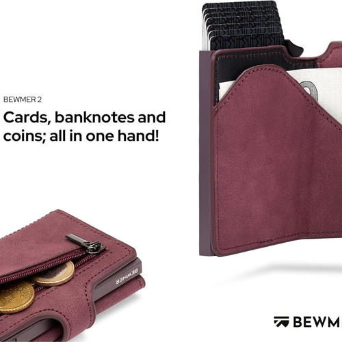 Bewmer 2 wallet with RFID protection, cardholder and coin pocket, bordeaux