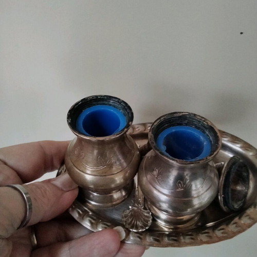 Vintage silver-plated salt and pepper shaker set with tray