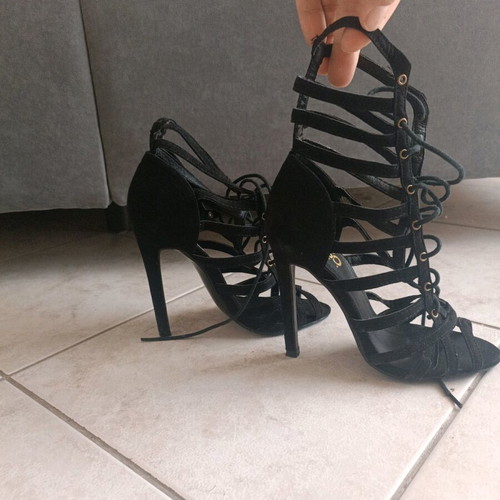 GoGo Shoes black heels new with laces and suede texture