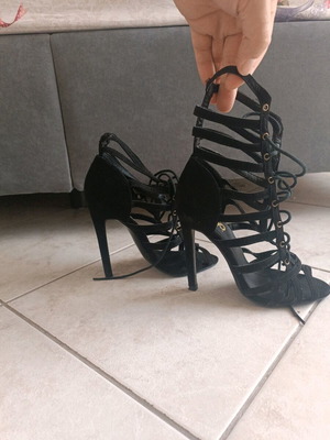 GoGo Shoes black heels new with laces and suede texture