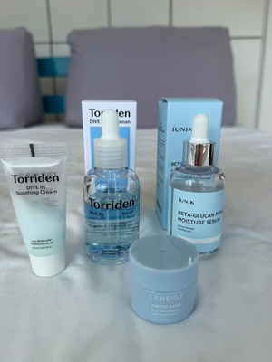 Torriden Dive-In Serum and Cream set used with iUNIK Beta-Glucan Serum and Laneige Moisture Cream mini