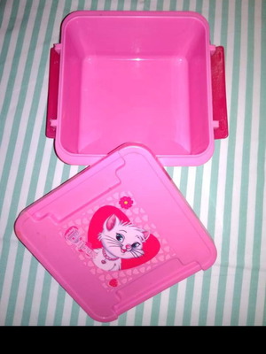 Children's items used, tupperware, water bottle, wallet, glass placemats