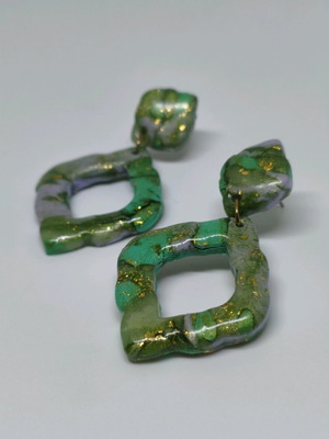 Dangling rhombus earrings green new polymer clay