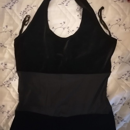 Black velvet jumpsuit with sheer mesh panel, halter neck
