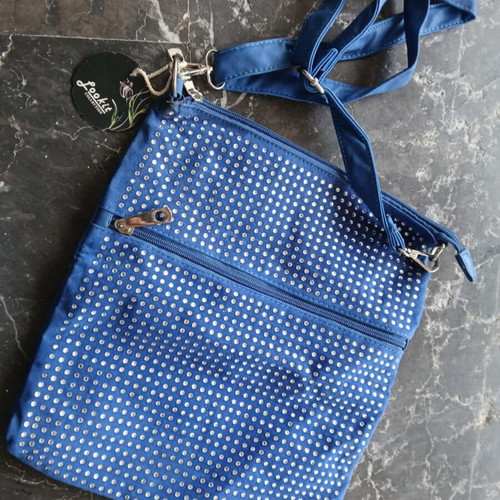 Blue bag with rhinestones, with a strap