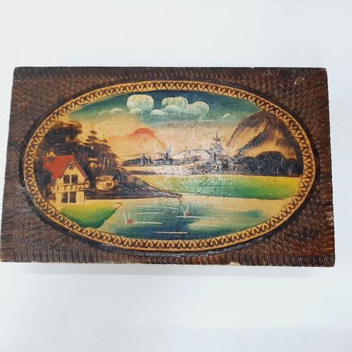 Vintage pyrography wooden box with landscape painting, 1960s