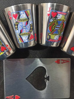 Set of 4 shot glasses and opener new, unused