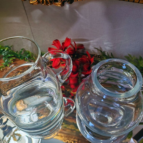 Vintage solid glass set – large jug (1200 ml) and balloon vase (900 ml)