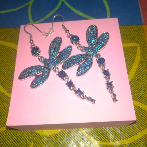 Dragonfly-shaped dangling earrings like new, blue and silver