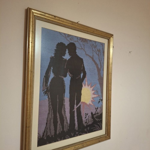 Embroidered framed textile painting, handmade