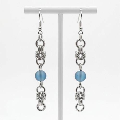 Chainmail earrings Byzantine weave with blue beads, new steel