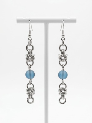 Chainmail earrings Byzantine weave with blue beads, new steel