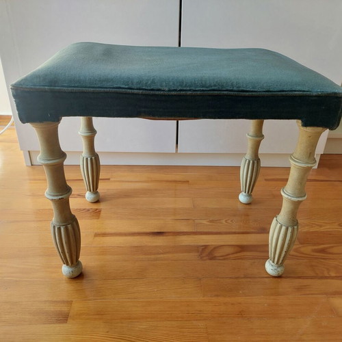 Wooden vintage antique stool 1970, petrol velvet patina