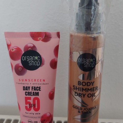 Organic Shop Body Shimmer Dry Oil Gold Jojoba & Shea 100ml and Face Sunscreen SPF50 for Oily Skin 50ml