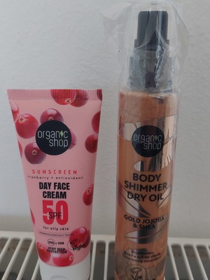 Organic Shop Body Shimmer Dry Oil Gold Jojoba & Shea 100ml and Face Sunscreen SPF50 for Oily Skin 50ml