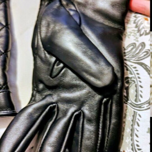 Leather gloves black with fur lining, women's