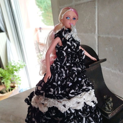 Doll with handmade dress, hat and bag, new