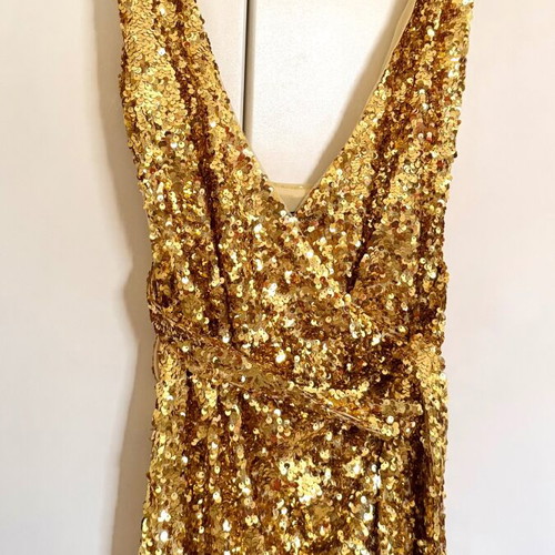 BCBG Maxazria Sequined Gold Maxi Dress XXS like new